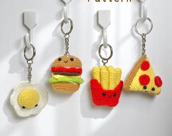 Fast Food Keychain Crochet Pattern PDF, Fried Egg, Burger, Fries, Pizza Keychain, Cute Food Amigurumi, DIY Crochet Keychain