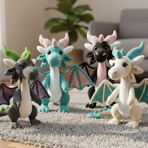 May include: Four handmade crochet dragons in various colors: gray with green accents, teal with pink, black with pink, and white with teal. Each dragon has wings, horns, and a friendly expression. They are displayed on a gray carpet.