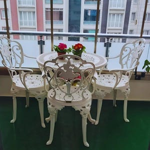 White Plastic Bistro Set, Ironwork Look, Outdoor Table and Chairs