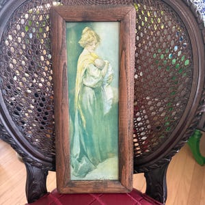 Antique Victorian Maud Stumm 1900 Chromolithograph Print “Young Mother” in Wood Frame Newborn Nursery Cottage Wall Decor