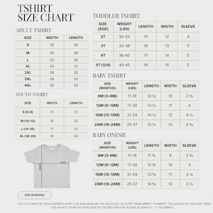 The image is a size chart for toddler shirts, including both adult and youth shirts, as well as a baby onesie. The chart provides measurements for different age groups and sizes, such as height, weight, and sleeve length.