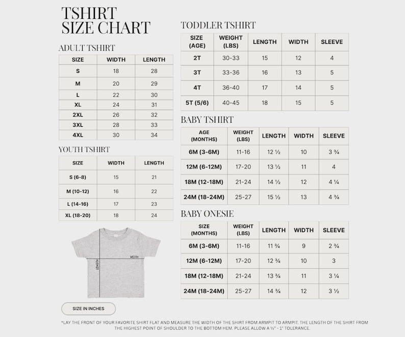 The image is a size chart for toddler shirts, including both adult and youth shirts, as well as a baby onesie. The chart provides measurements for different age groups and sizes, such as height, weight, and sleeve length.