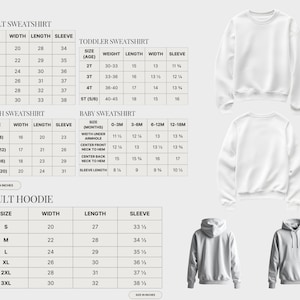 three different sizes and styles of sweatshirts and hoodies, including an adult sweatshirt, a toddler sweatshirt, and an adult hoodie.
