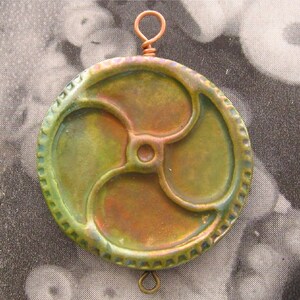 Raku Steampunk Pendant - Green and Copper Tetrad Gear Medallion