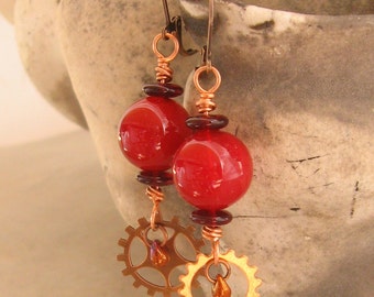 Red Glass Earrings - Red Glass Orb Steampunk Earrings with Gears