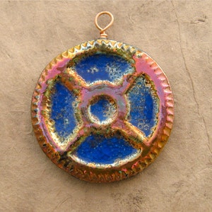 Raku Steampunk Pendant - Gold, Fuchsia and Cobalt Large Gear
