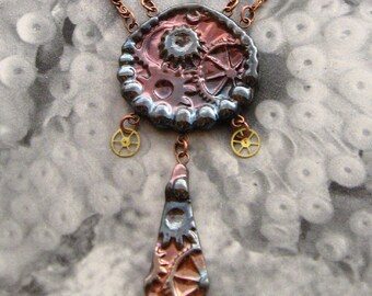 Ceramic Steampunk Necklace - Bronze and Green Double Chain Gears Necklace