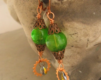 Green Glass Earrings - Green Glass Orb Steampunk Earrings with Gears