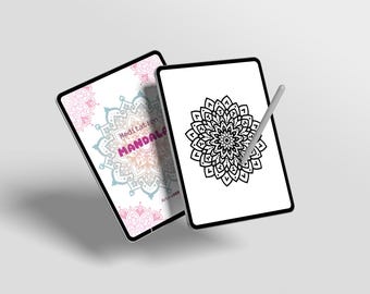 May include: Two digital tablets displaying mandala designs. One tablet shows a colorful mandala with the text "Meditation Mandalas". The other tablet features a black and white mandala with a stylus resting on the screen.