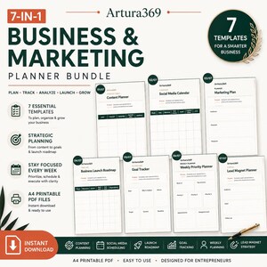 Könnte beinhalten: Ein 7-in-1 Business- und Marketing-Planer-Set von Artura369 mit sieben A4-druckbaren PDF-Vorlagen, darunter ein Inhaltsplaner, Social-Media-Kalender, Marketingplan, Business-Launch-Roadmap, Ziel-Tracker, wöchentlicher Prioritätenplaner und Lead-Magnet-Planer.