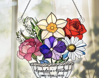 Custom Family Birth Flowers Acrylic Window Hanging, Personalized Mom’s Garden Gifts, Birthday Gift For Mom Grandma, Everlasting Flowers