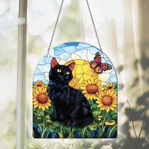 Black Cat Flat 2D Acrylic Suncatcher, Black Cat Ornament, Black Cat Decor, Black Cat Gifts For Women Men, Black Cat Sunflower Window Hanging