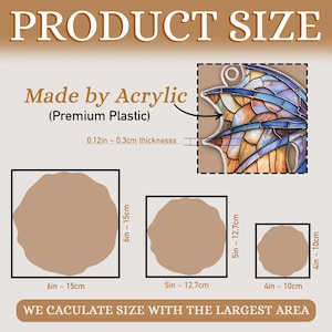 Puede incluir: Una gu&iacute;a de tallas para una decoraci&oacute;n de pared de mariposa de vidrio emplomado hecha de acr&iacute;lico. La gu&iacute;a muestra tres tama&ntilde;os diferentes: 15 cm, 12,7 cm y 10 cm. El texto indica que el tama&ntilde;o se calcula utilizando el &aacute;rea m&aacute;s grande.