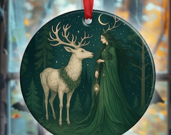 Celtic Witch Ornaments, Yule Witch in Earthly Greens, Wiccan Pagan Halloween Hanging Gift, Witchcraft Decoration