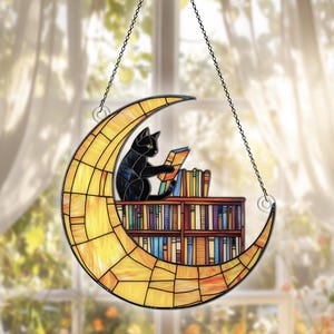 Black Cat Flat 2D Acrylic Suncatcher, Black Cat Ornaments, Black Cat Decor, Black Cat Gifts For Women Men, Cat Reading Book Window Hanging