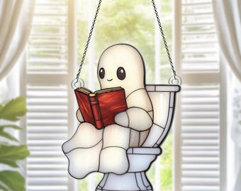 Ghost Acrylic Suncatcher Ornaments, Ghost Halloween Decor, Ghost Gifts For Women Men, Funny Ghost Reading Book on Toilet, Flat 2D Ornament