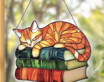 Cat Flat 2D Acrylic Suncatcher, Cat Ornaments, Cat Decor, Cat Gifts For Women Men, Orange Cat Sleeping on Book SunCatcher For Window Hanging