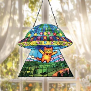 UFO Acrylic Suncatcher, Funny Cat Ornaments, ufo Decor, ufo Gifts For Women Men, Cat Abducted by Alien Sun Catcher For Window Hanging