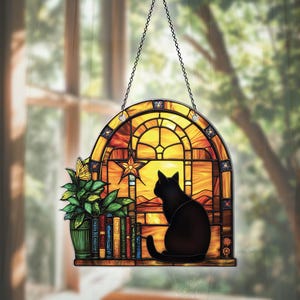 Black Cat Flat 2D Acrylic Suncatcher, Black Cat Ornaments, Black Cat Decor, Black Cat Gifts For Women Men, Cat And Book Window Hanging