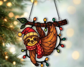Christmas Sloth Acrylic Ornament, Sloth Hanging on Tree, Animal Ornaments for Christmas, Christmas Animal Gifts for Sloth Lovers