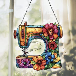 Sewing Machine Suncatcher Ornament, Wild Flower Sewing Machine Window Decor, Perfect Gift for Sewing Lover,Tailor Shop Decor Sewing Ornament