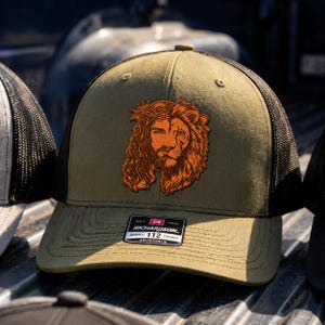 Religious Fathers Day Gift for Grandpa, Lion of Judah, Christian Leather Patch Trucker Hat, Jesus Crown of Thorns Gift for Dad Husband