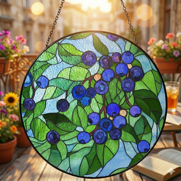 Blueberries Stained Glass Suncatcher Ornament, Summer Window Decoration