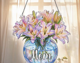 Personalized Everlasting Lillys Flower Window Hanging, Custom Acrylic Flowers Suncatcher, Mom Grandma Birthday Gift, Gifts For Her
