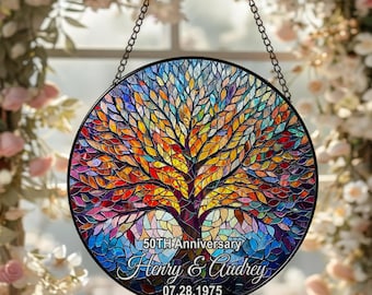 Personalized Tree of Life 50th Anniversary Gift, Wedding Anniversary Glass Suncatcher, Tree Of Life Couple Ornament, Gift For Parents