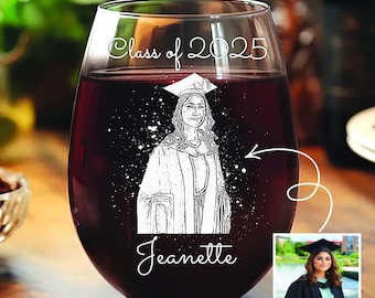 Copa de vino de graduación personalizada - Regalo con foto grabada personalizada para ella/él - Regalos para invitados a la fiesta de graduación - Graduación de la clase de 2025