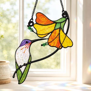 Atrapasueños de vidrieras con forma de colibrí y flor, adorno colgante para ventana con forma de pájaro, decoración de jardín, regalo para la abuela