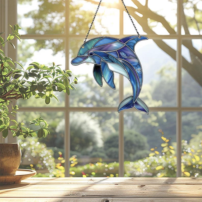 Puede incluir: Una ventana colgante de vitral con un delf&iacute;n azul con acentos morados y verdes. El delf&iacute;n est&aacute; saltando fuera del agua.