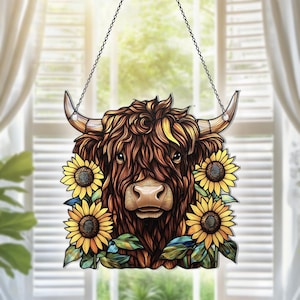 Highland Cow Flat 2D Acrylic Suncatcher, Highland Cow Ornaments, Highland Cow Decor, Sunflower Highland Cow Gifts For Women Men