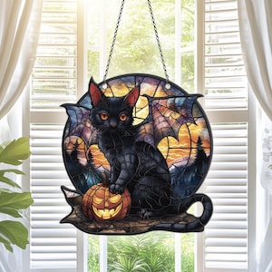 Black Cat Acrylic Suncatcher Window Hanging, Black Cat Ornaments, Vampire Black Cat Halloween Decor, Black Cat Gifts For Women Men