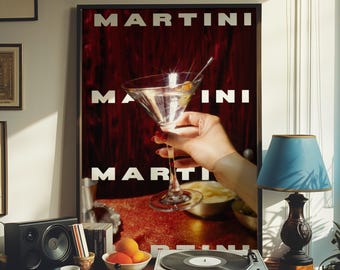 May include: A vintage Martini poster with a red background and white text. The poster features a woman's hand holding a martini glass with an olive. The text on the poster reads "MARTINI".