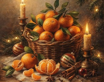 May include: A still life image featuring a woven basket overflowing with ripe oranges and green leaves. Two lit candles in ornate holders flank the basket. Oranges are peeled and sliced, with cinnamon sticks and ornaments.