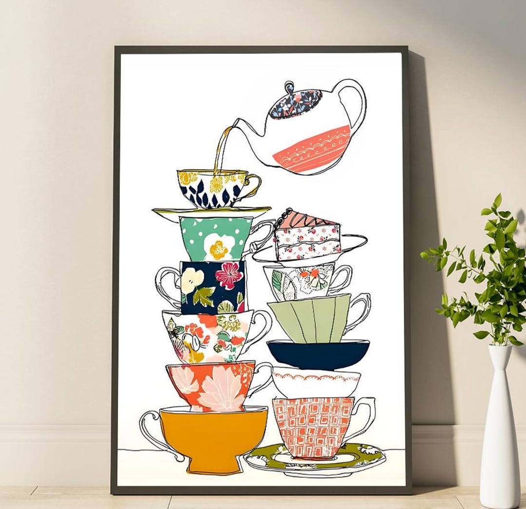 Blue Tea Poster Tea Cups Poster Colorful Kitchen Poster Stacked Mug Whimsical Tea Party ...