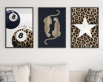 Chic Leopard and Star Wall Art Trio Poster Trendy Animal Print And Billiard Ball Poster Set Perfect For Game Room Decor