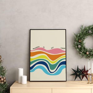May include: A framed art print with the text "PROGRESS IS NOT LINEAR" above colorful, wavy lines. The artwork features shades of pink, orange, yellow, green, and blue. The print is displayed on a wooden surface with holiday decorations.
