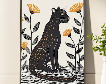 Panther Botanical Poster Colorful Mid Century Modern Home Decor Gifts For Her And Him