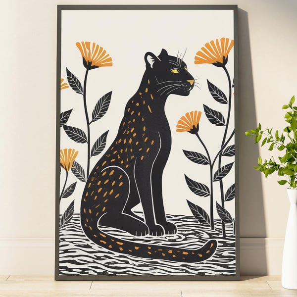 Panther Botanical Poster Colorful Mid Century Modern Home Decor Gifts For Her And Him