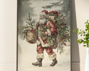 Santa Claus Christmas Tree Poster Jolly Old Saint Nick Poster A Classic Christmas Vintage Cozy Cottage Christmas Winter Decor