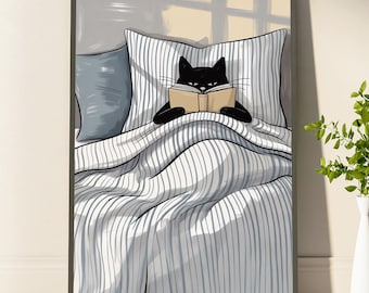 Cat Reading Poster Black Cat Wall Art Cosy Bedroom Poster Book Lover Cat Poster Cat in Bed Print Reading Decor Cat Book Art