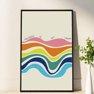 May include: A framed art print with the words "Progress is Not Linear" above colorful, wavy bands. The bands include pink, orange, yellow, green, blue, and teal. The background is a light beige color.
