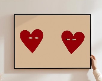 Heart Poster Couple Heart Print Hand Drawn Love Wall Art Red Bedroom Decor Home Decor
