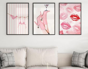 Retro Coquette Wall Art Set Poster Pink Lips Bikini & Bow Heels Prints Poster Y2K Girly Room Decor Dorm Aesthetic Posters Gifts Home Decor