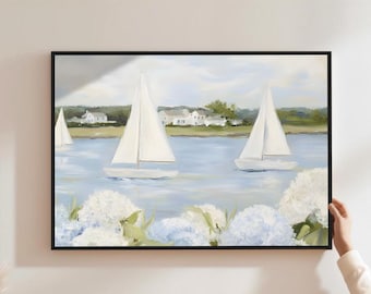Grandmillenial Preppy Coastal Art Print Poster Coastal Grandaughter Sailboat Floral Print Beachy Cottagecore Decor