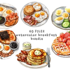 Watercolor Breakfast Food, 60 High quality PNG, Food Stickers, Scrapbooking, Morning Meals Clipart, Instant Digital Download, Commercial Use