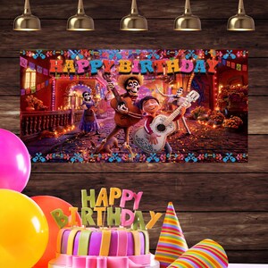 May include: A colorful birthday party backdrop featuring characters from the animated film Coco. The backdrop shows a street scene with colorful buildings, lanterns, and flowers. The characters are playing music and celebrating. The backdrop is decorated with a banner that says "Happy Birthday".