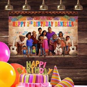 May include: A birthday scene featuring a colorful cake with the words "Happy Birthday" on top, balloons, and a banner that reads "Happy 2nd Birthday Daniella." The background includes a family portrait and guitars.